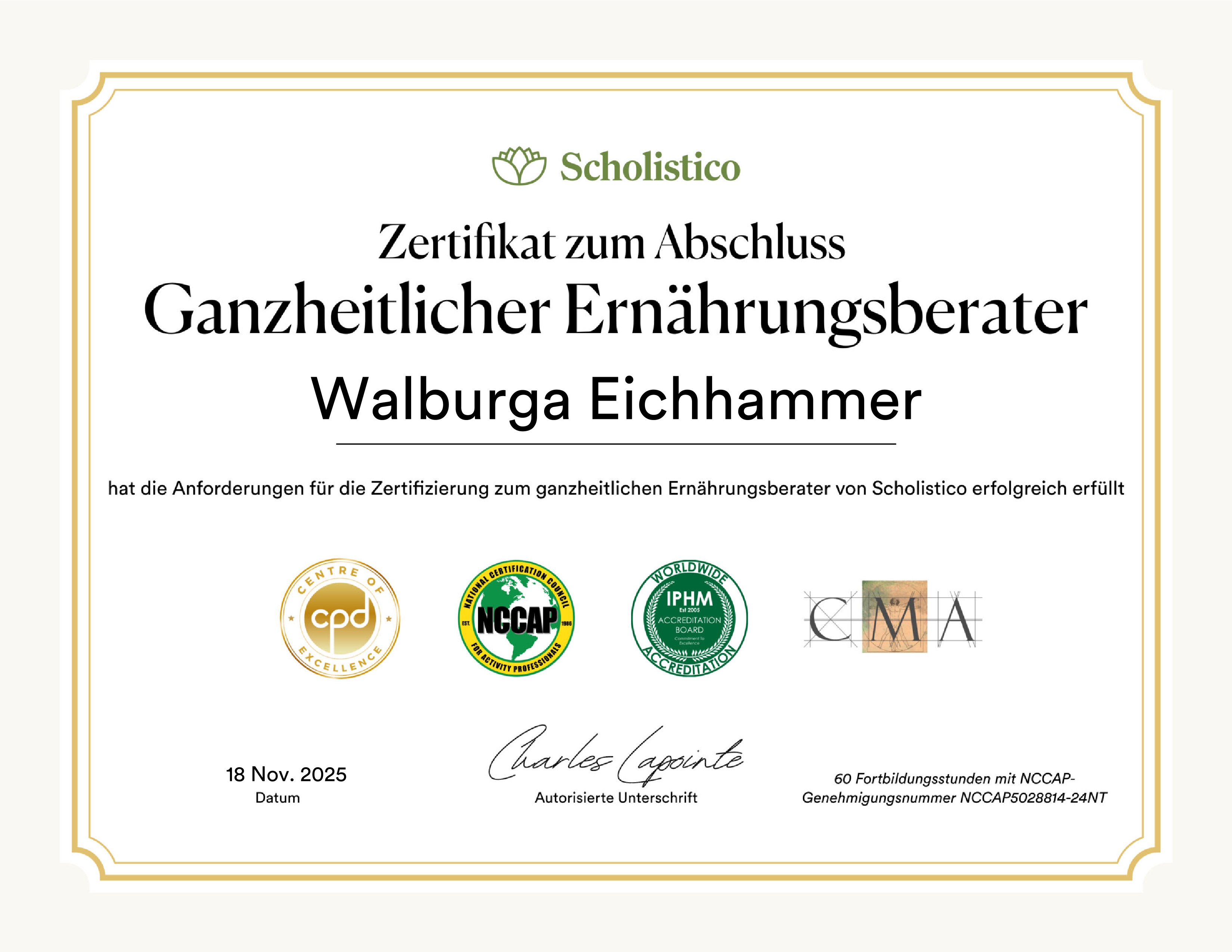 Zertifikat Ganzheitlicher Ernährungsberater Walburga Eichhammer