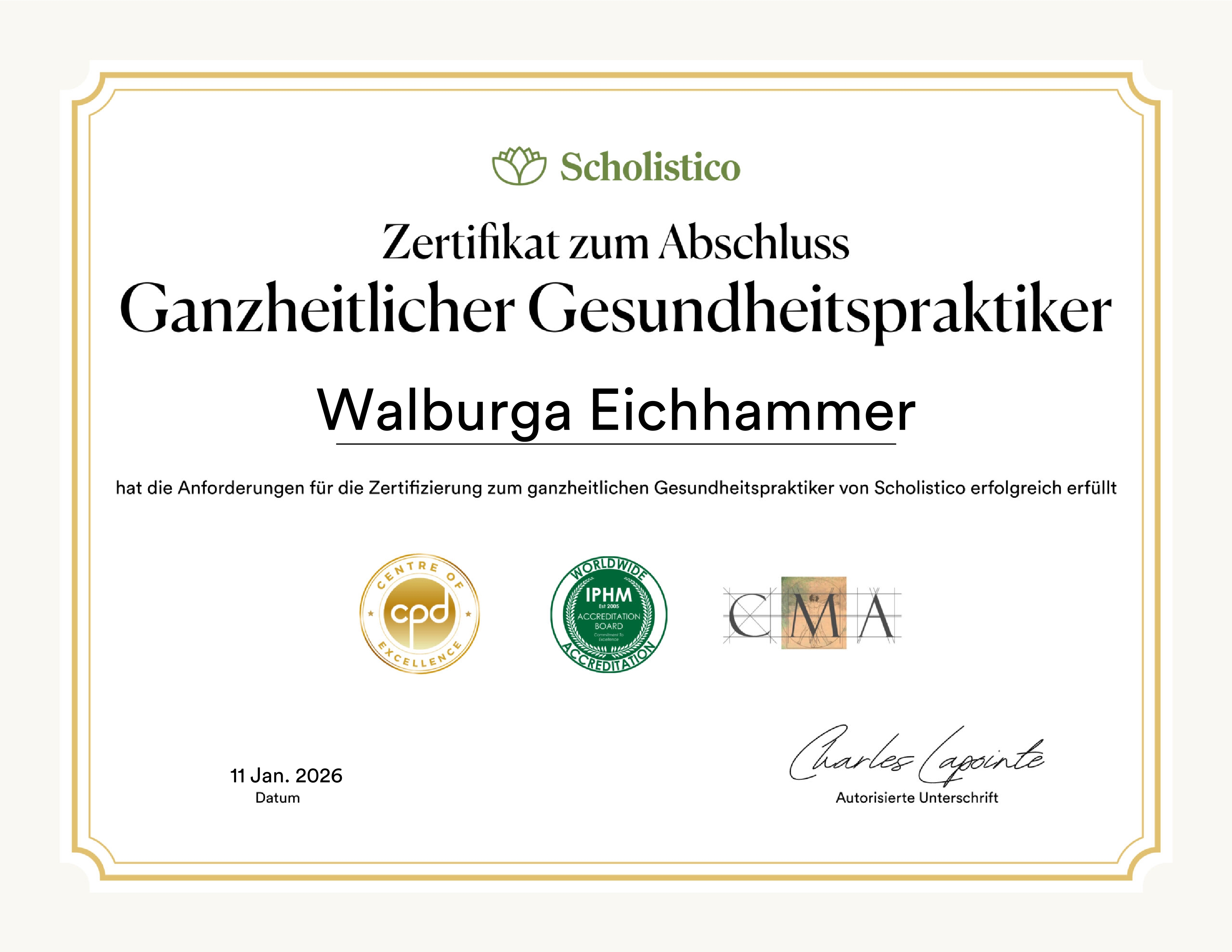 Zertifikat Ganzheitlicher Gesundheitspraktiker Walburga Eichhammer
