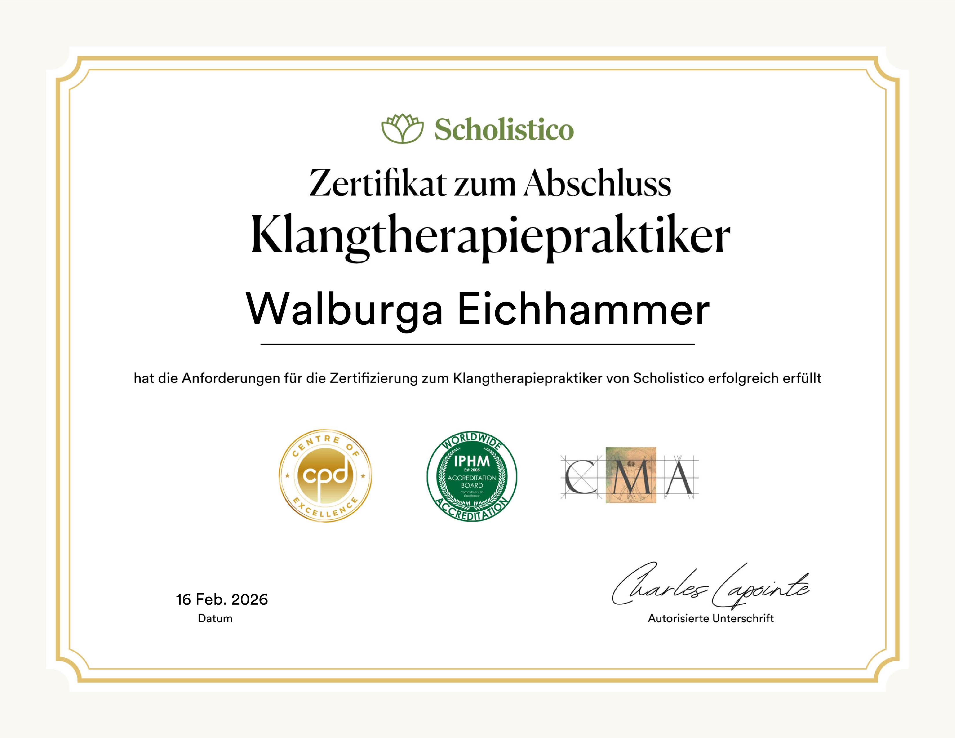 Zertifikat Klangtherapiepraktiker Walburga Eichhammer
