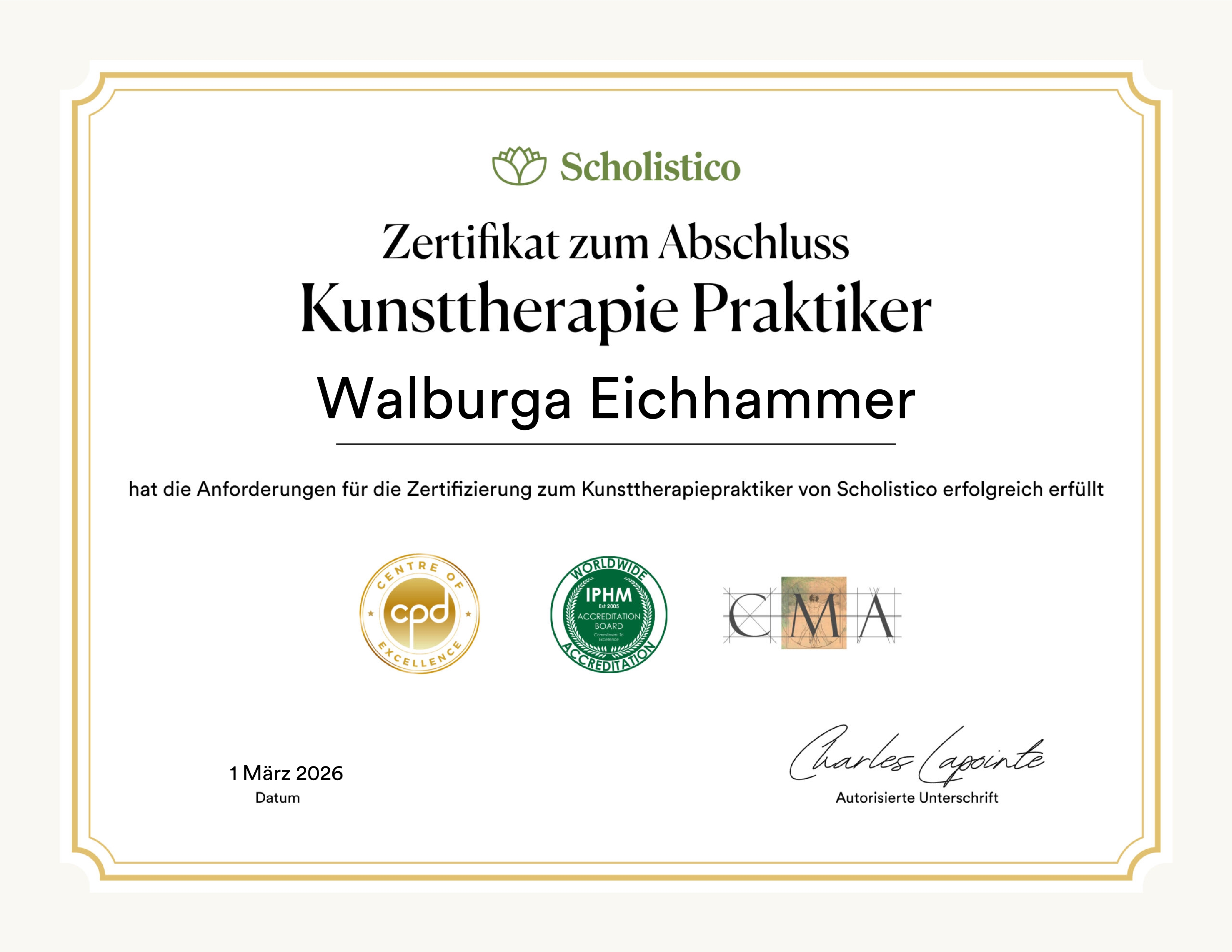 Zertifikat Kunsttherapie Praktiker Walburga Eichhammer