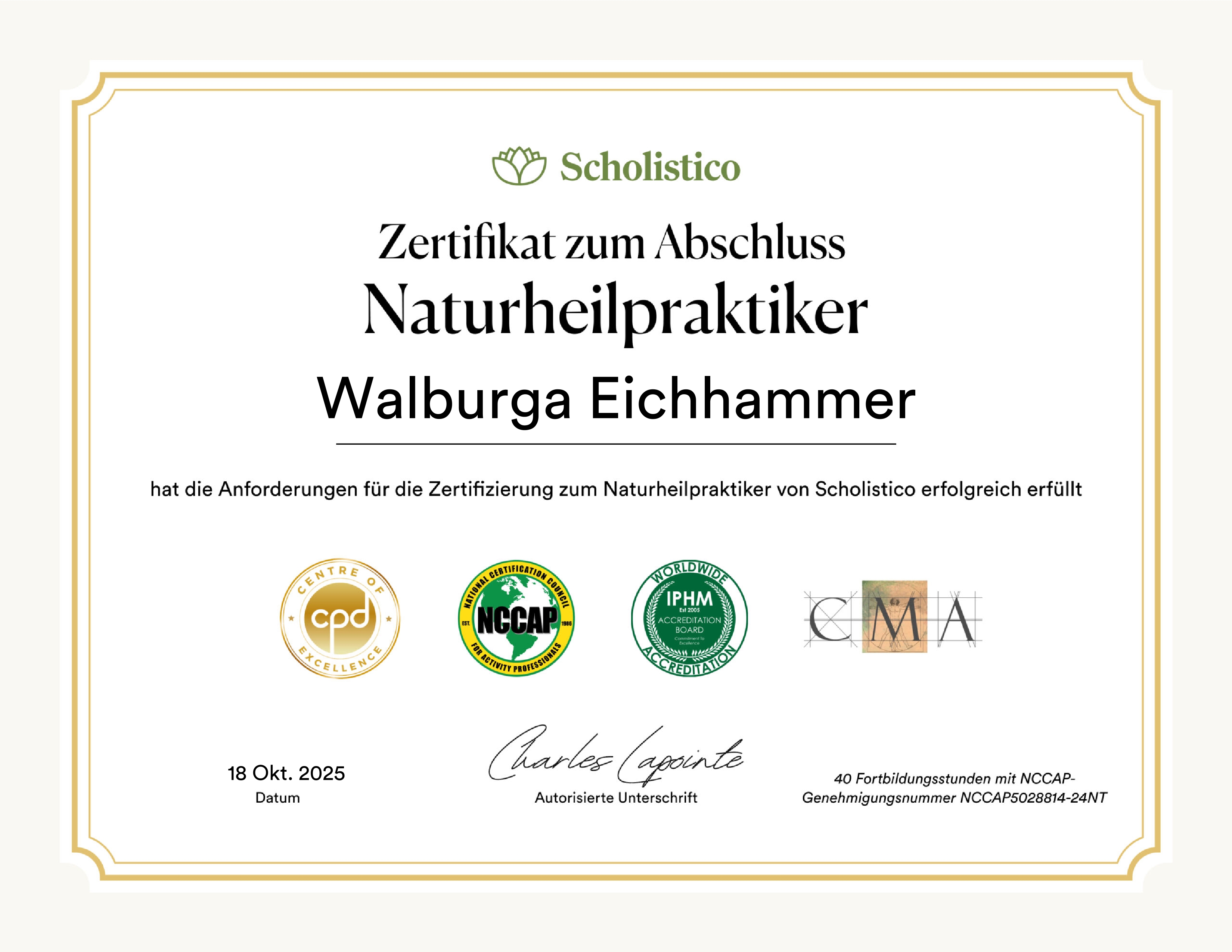 Zertifikat Naturheilpraktiker Walburga Eichhammer
