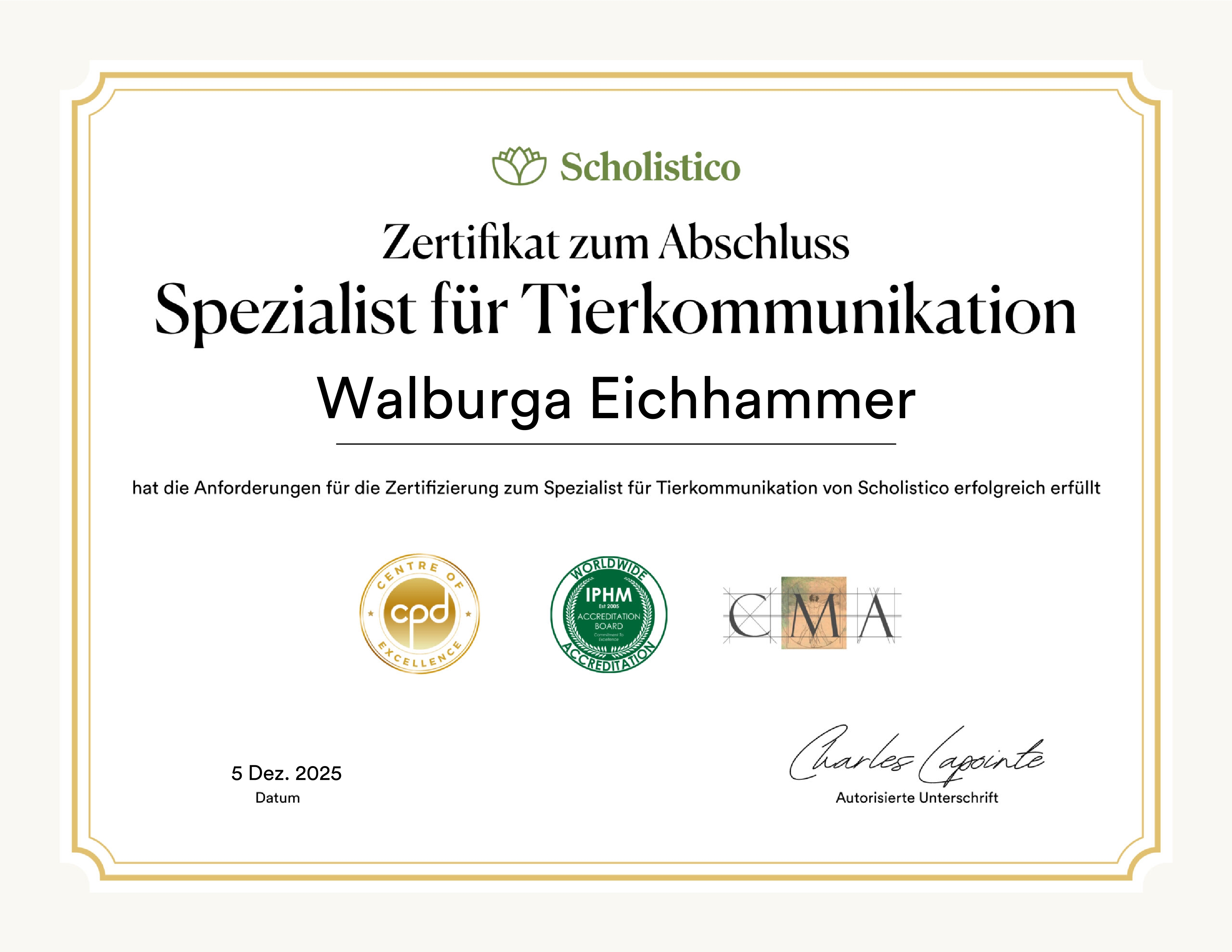 Zertifikat Spezialist für Tierkommunikation Walburga Eichhammer